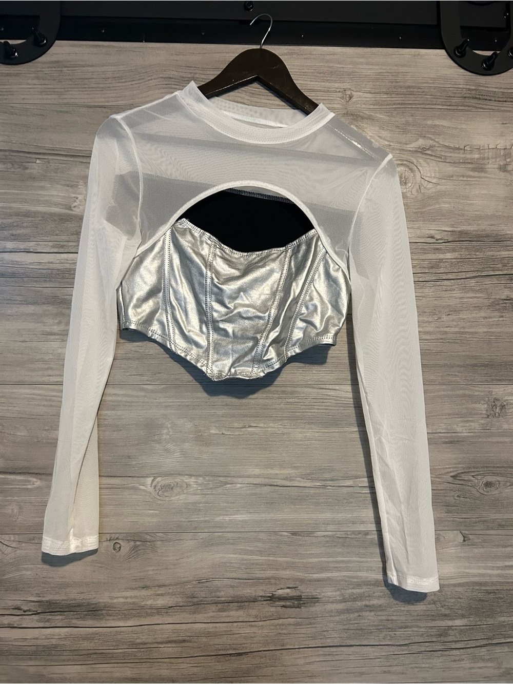 Sheer White Long-Sleeve Top with Silver Metallic Bustier